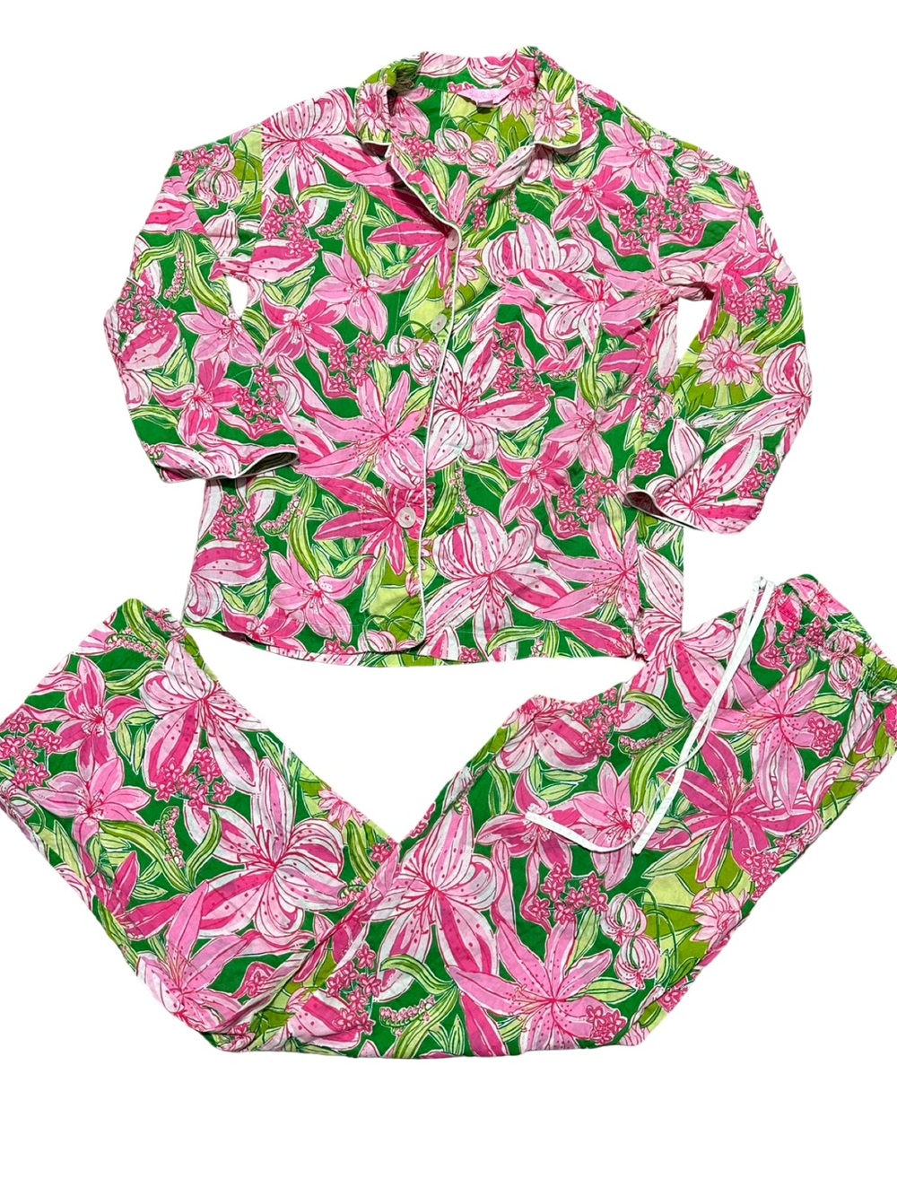 Lilly Pulitzer Women’s Size XS Pink Green Hibiscus Floral Button Up Pajama Set